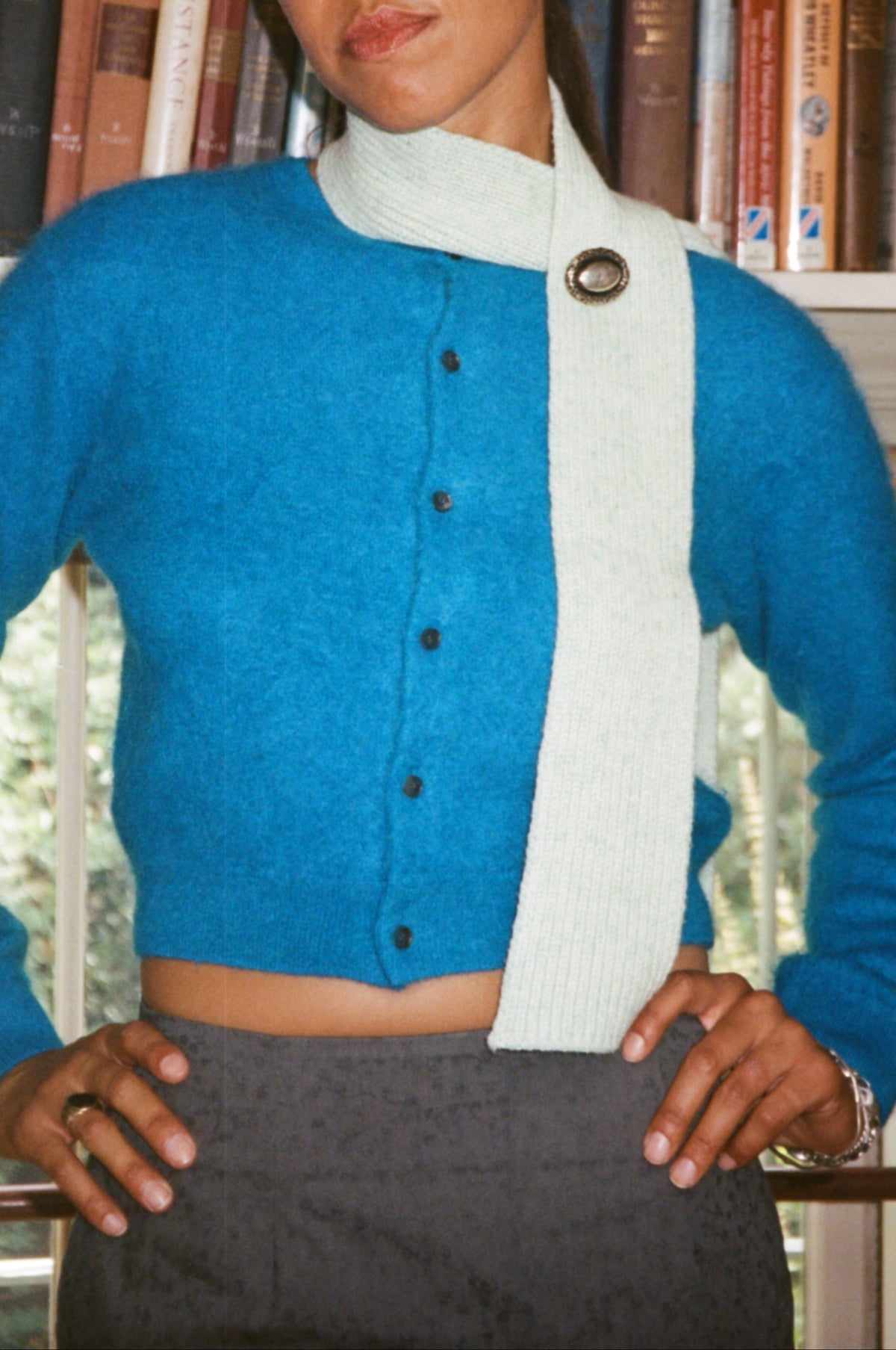 AURALEE Garment Dyed Baby Alpaca Fur Knit Crew Neck Cardigan in Royal Blue