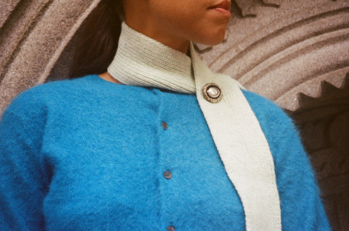 AURALEE Garment Dyed Baby Alpaca Fur Knit Crew Neck Cardigan in Royal Blue
