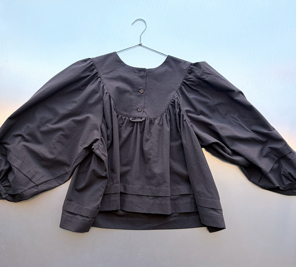 CAWLEY STUDIOS Japanese Seersucker Cotton Romy Long Sleeve Top in Dark Brown