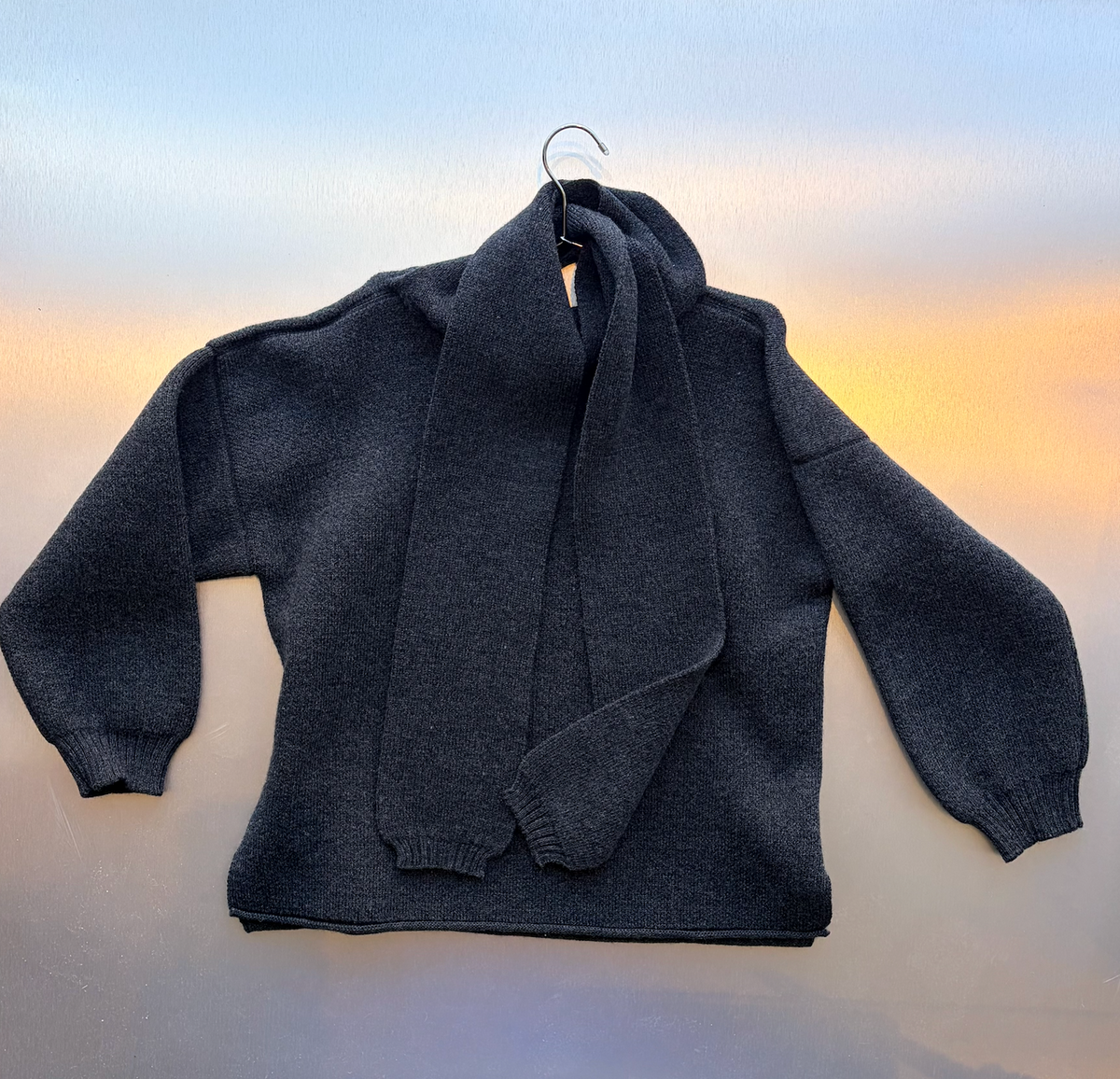 CAWLEY STUDIOS Merino Wool Wrap Neck Pullover in Dark Grey