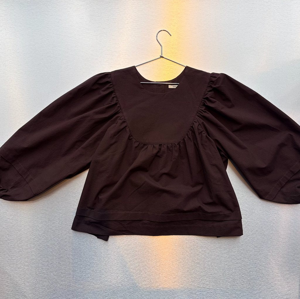 CAWLEY STUDIOS Japanese Seersucker Cotton Romy Long Sleeve Top in Dark Brown