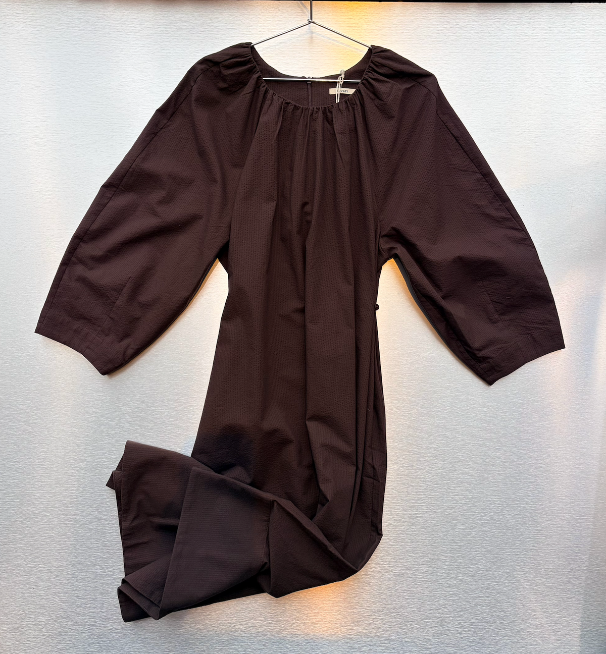 CAWLEY STUDIOS Japanese Seersucker Cotton Tilda Long Dress in Dark Brown