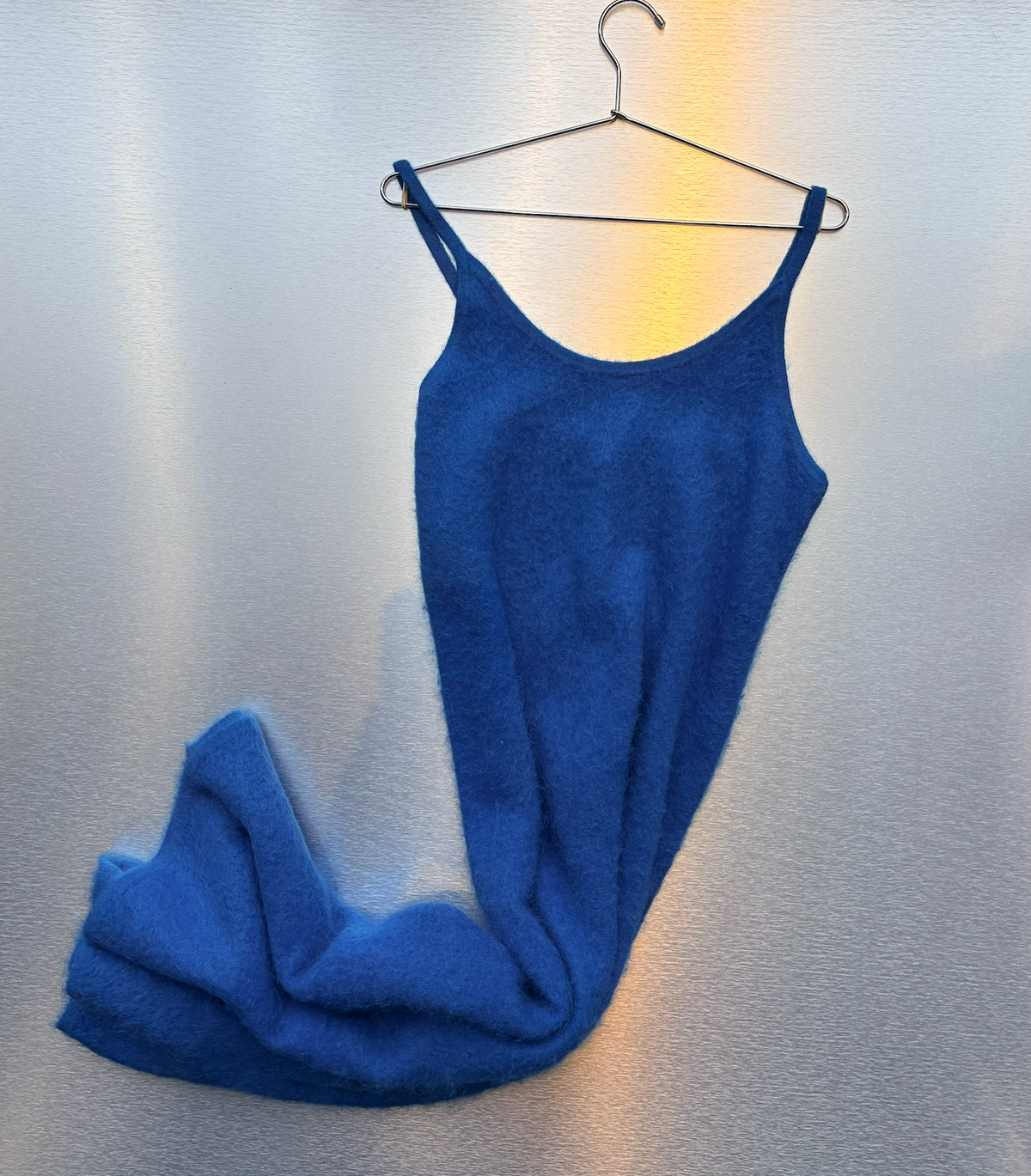 AURALEE Garment Dyed Baby Alpaca Fur Knit Dress in Blue